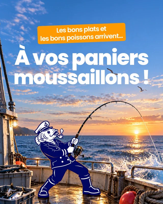 Post Instagram « À vos paniers moussaillons ! » : le capitaine pêche sur le pont d’un bateau au coucher du soleil