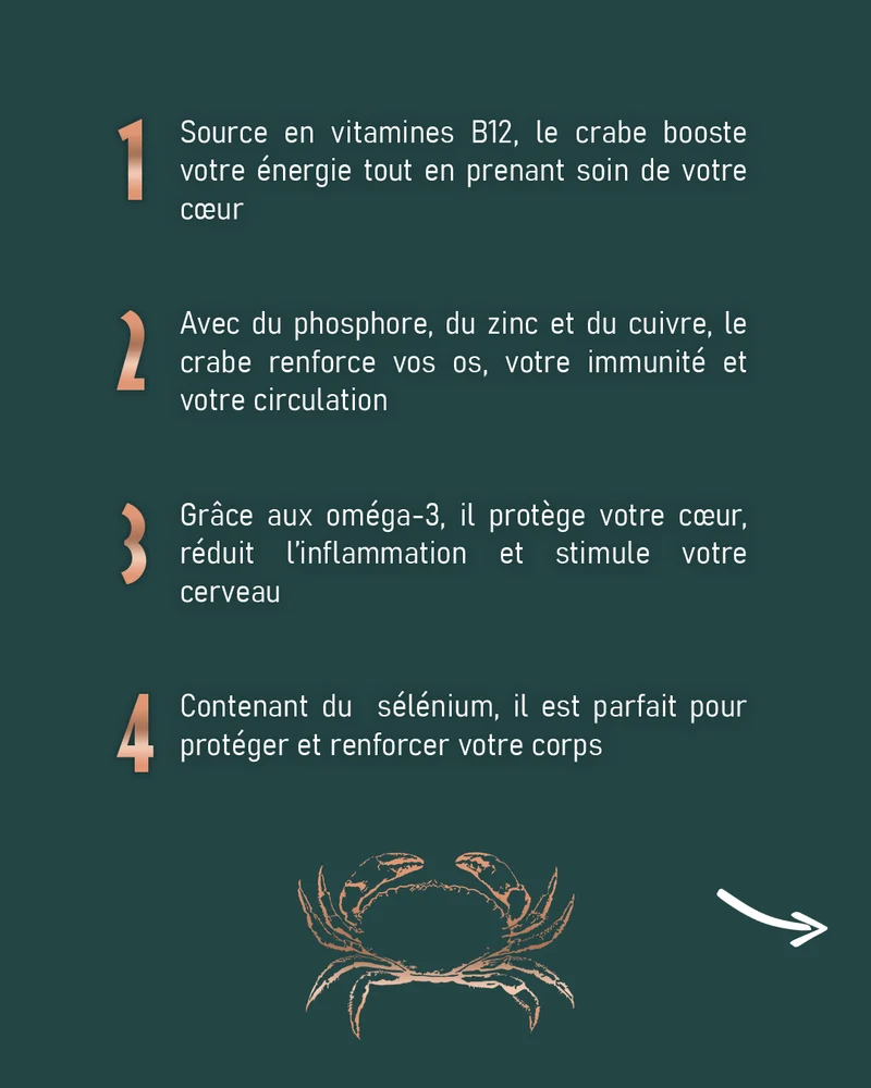 Carrousel Instagram, visuel 2 sur 3 : les quatre bienfaits du crabe (vitamine B12, minéraux, oméga-3, sélénium)