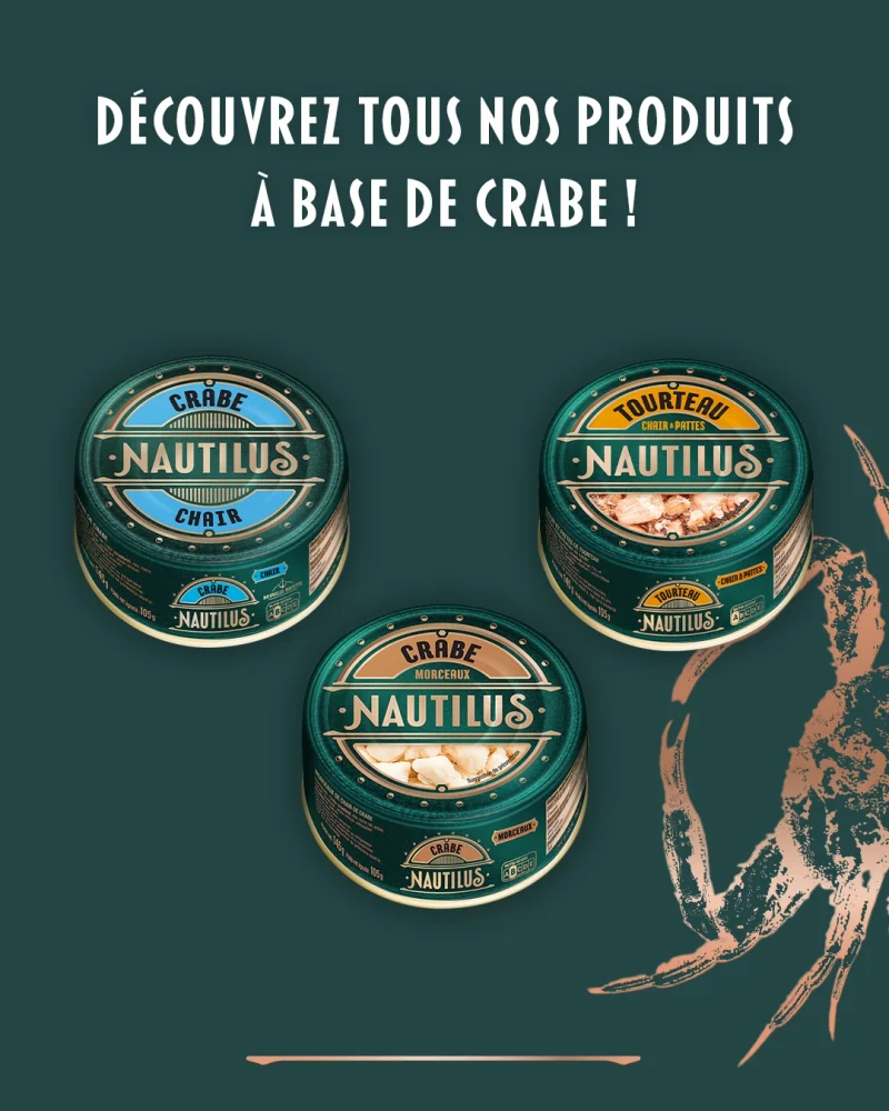 Carrousel Instagram, visuel 3 sur 3 : « Découvrez tous nos produits à base de crabe ! », trois boîtes de crabe Nautilus