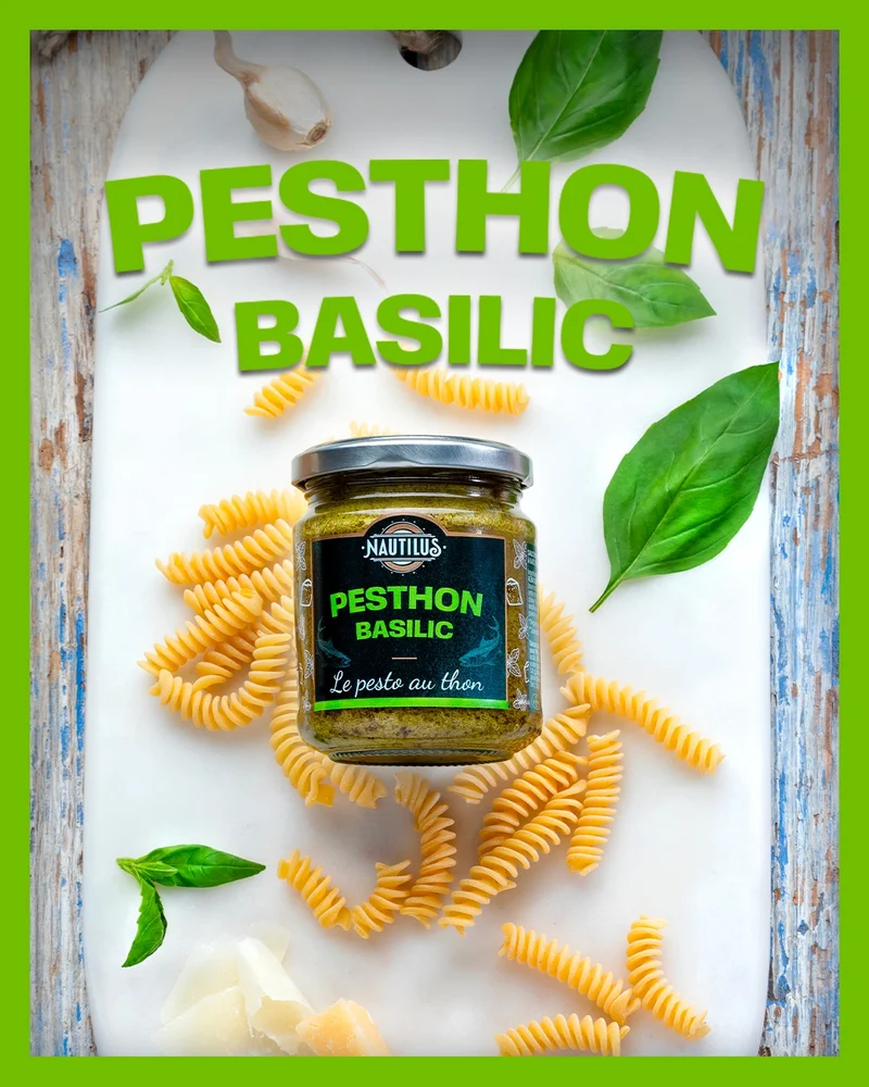 Post Instagram « Pesthon basilic » : le pesto au thon Nautilus, entouré de pâtes et de basilic