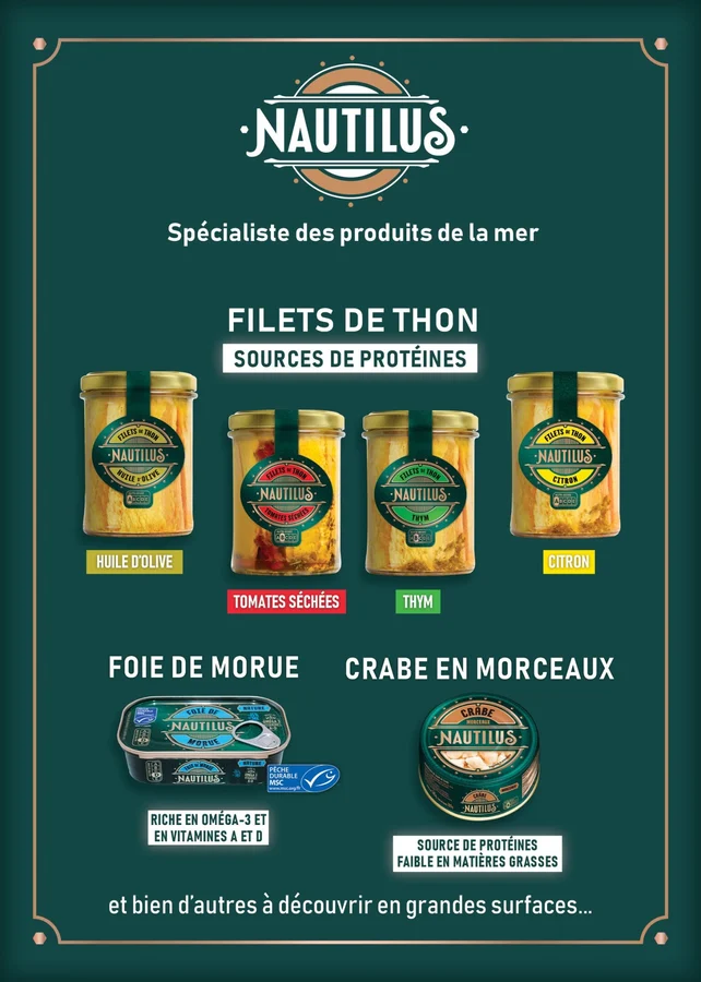 Affiche Nautilus « Spécialiste des produits de la mer » : filets de thon, foie de morue et crabe en morceaux