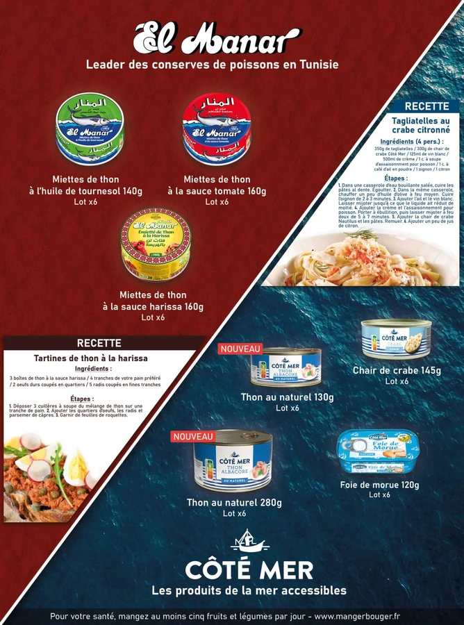 Affiche El Manar et Côté Mer : conserves de thon, de crabe et de foie de morue, avec deux recettes