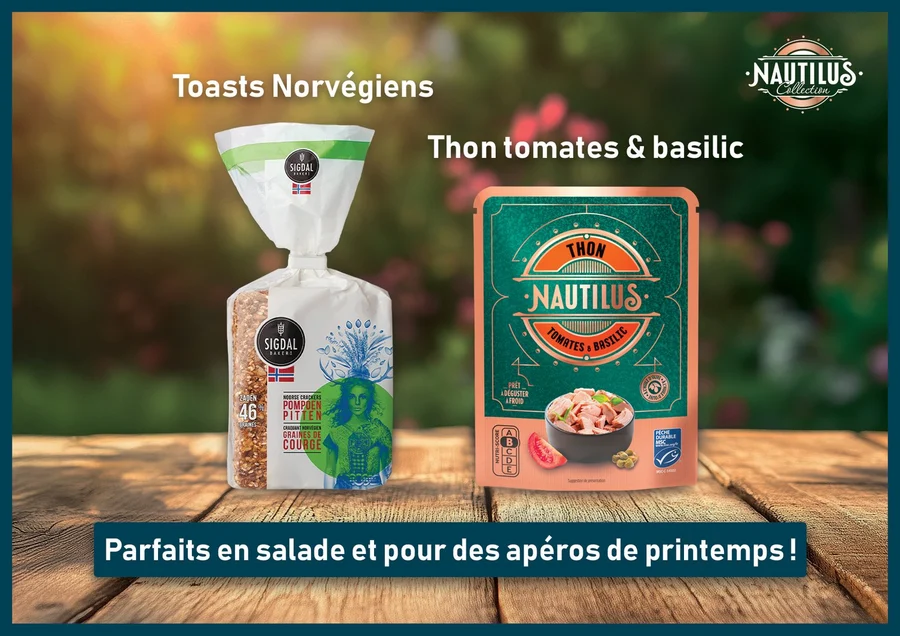 Visuel « Parfaits en salade et pour des apéros de printemps ! » : toasts norvégiens Sigdal et thon tomates et basilic Nautilus