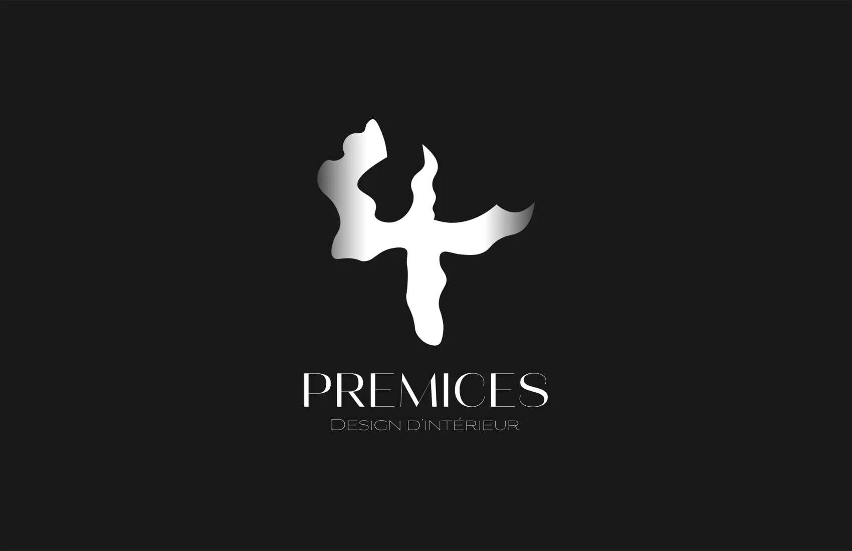 Carte de visite Prémices, recto : logo argenté et mention Design d’intérieur