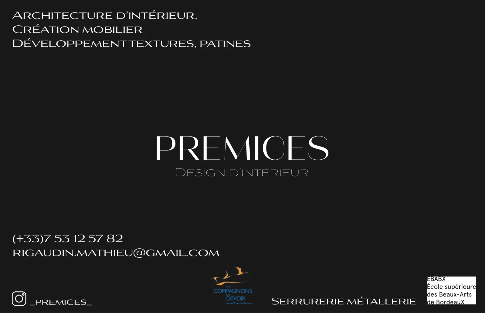 Carte de visite Prémices, verso : architecture d’intérieur, création mobilier, développement de textures et patines, coordonnées, serrurerie métallerie